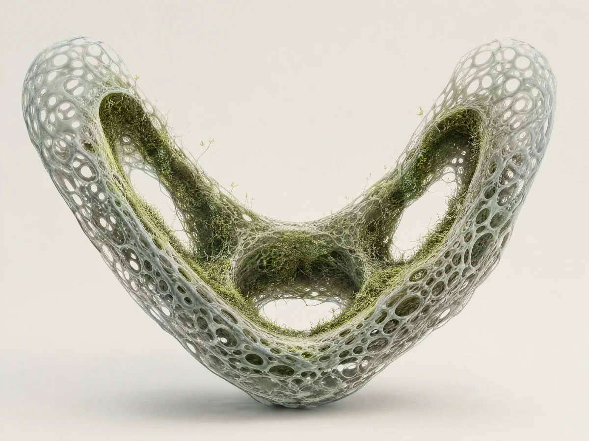 An open cellular vessel with a pale porous structure and living moss along its interior